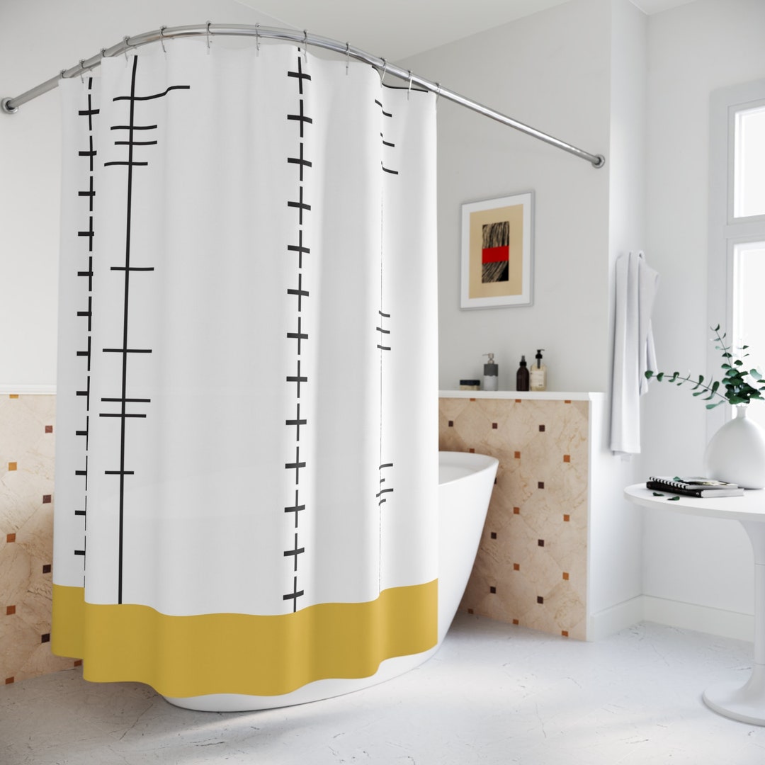 Mustard Yellow Shower Curtain, Mid Century Modern Border Bathroom