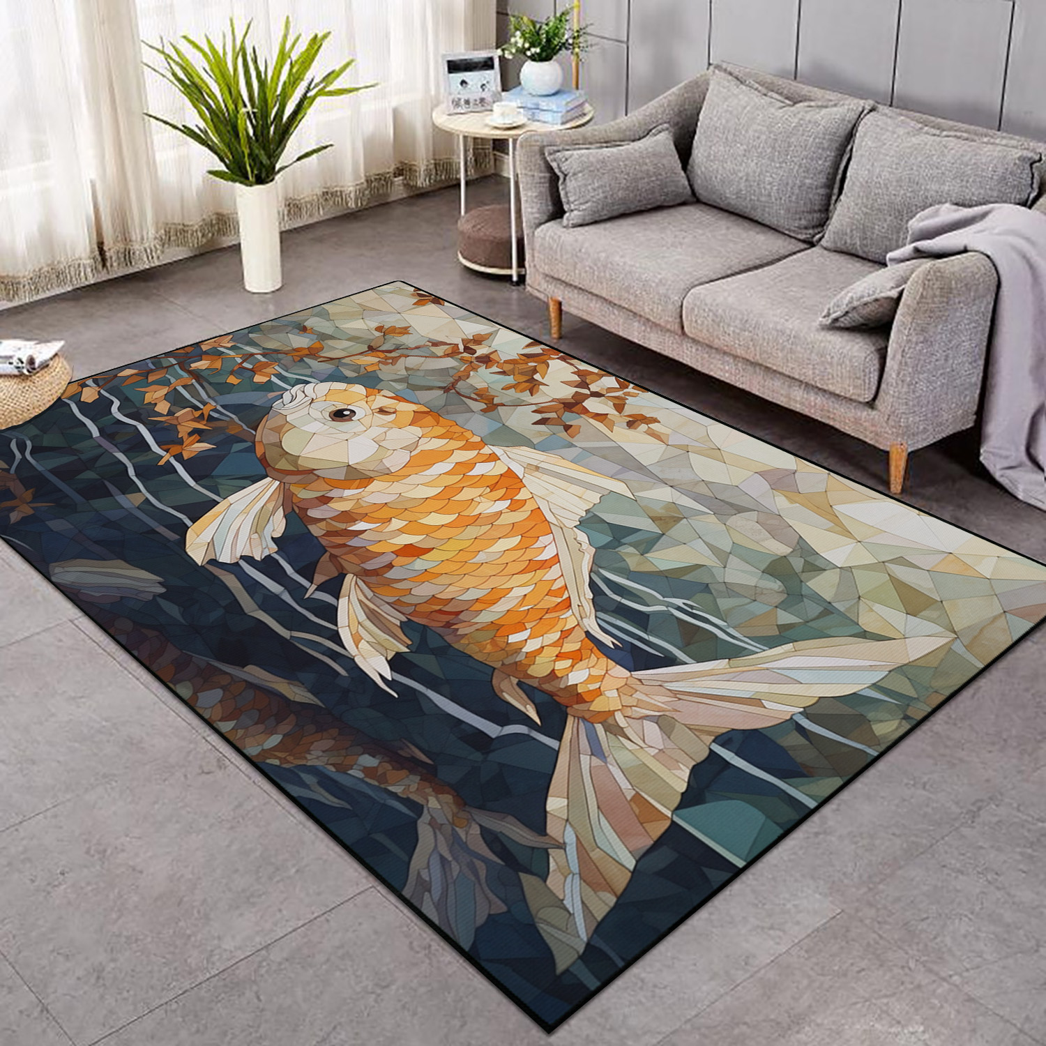 Golden Ratio Koi Fish Painting Area Rug with Watercolor Design Dingeas
